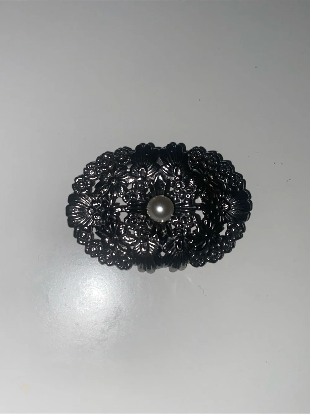 Dark Silver Filigree Floral Scarf Pin or Brooch with Pearl Accent Gunmetal